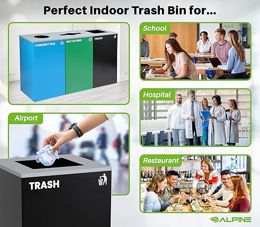 Alpine Indoor Recycling Bin -Commercial Trash Can Recycling Station Combo Customizable 3 Compartment Metal Large Black Blue Green Recycle Trash Cans with Lids &amp Stickers for Office Mall Air