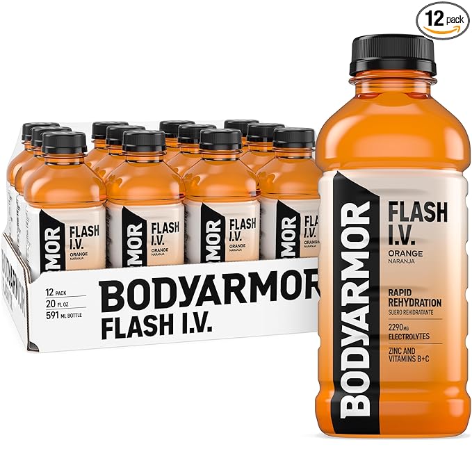 BODYARMOR Flash I.V. Electrolyte Beverage Orange Hydration Drink with Coconut Water For Rapid Rehydration Post Workout Recovery 20 Fl Oz (Pack of 12)