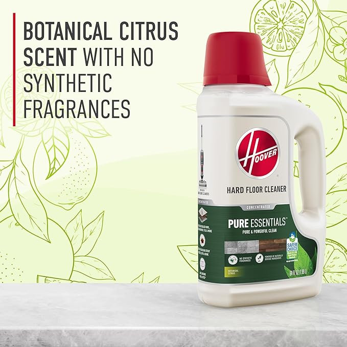 Hoover 64 oz Pure Essentials Hard Floor Cleaner Solution for Sealed Hard Floors Botanical Citrus Scent Full Strength Cleaning Made From Plants AH31465