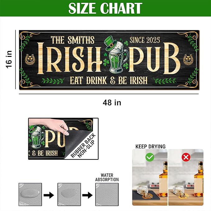 THUYPT Personalized Irish Drying Mat for St Patrick's Day Decor Irish Bar Pub Accessories Spill Mat Countertop Bar Shamrock Dish Drying Mat for Bar Counter Absorbent Coffee Maker (09)