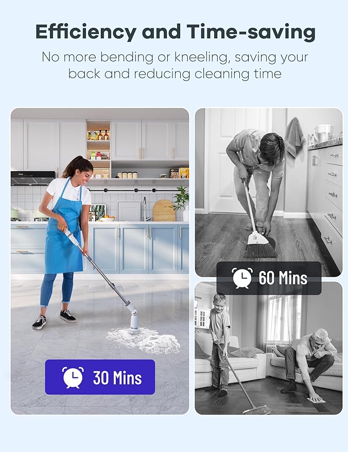 Electric Spin ScrubberFloor Shower Scrubber with Long Handle Power Scrubber Dual SpeedsCleaning Brush Cordless Scrub Brush with 3 Adjustable Angles8 Brush Heads for BathroomTile