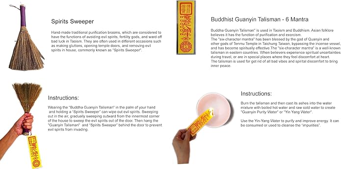 Taoist Fulu Talismans Lucky Charm Set: Dharma Taoist Mantra Positive Energy Amulet for Protection Feng Shui Exorcise Evil. Empowering Ward Off Evil Spirits(2 Broom + 5 Talisman + Amulet)