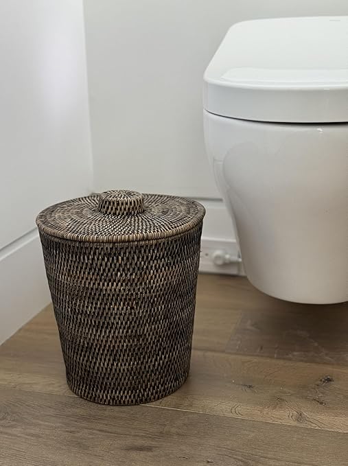 Kouboo La Jolla Rattan Round Waste Basket with Lid &amp Plastic Insert Black Wash