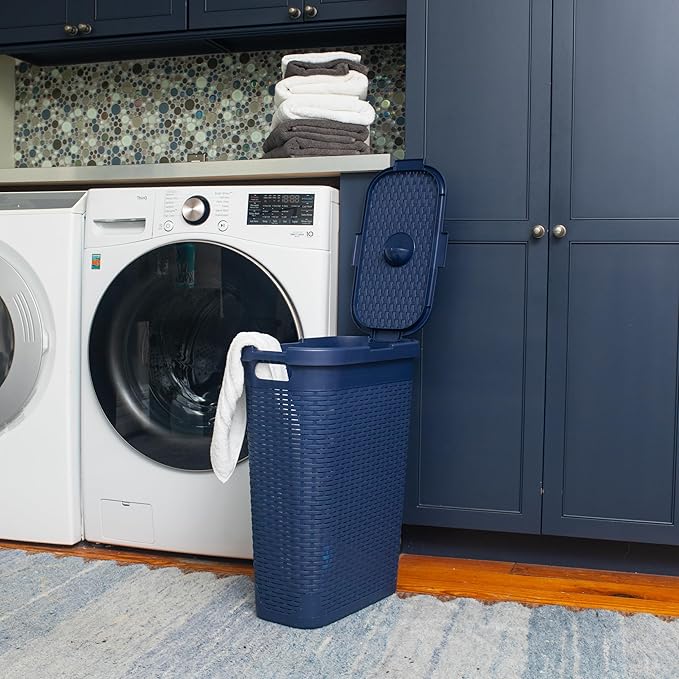 Mind Reader Slim Laundry Hamper with Lid 40L Clothes Basket Narrow Tapered Design with Ventilated Cutout Pattern Plastic Navy