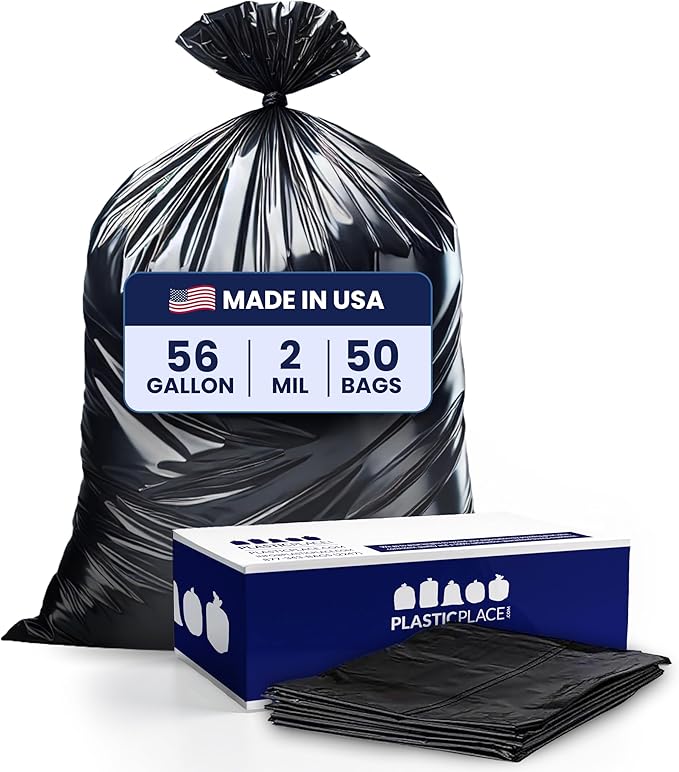 Plasticplace 56 Gallon Trash Bags │ 2.0 Mil │ Black Heavy Duty Liners Fits Glutton Garbage Can │ 43” x 46” (50 Count)