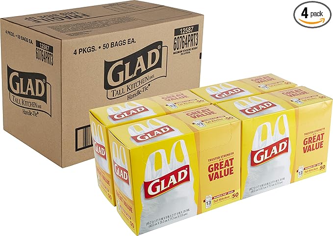 Glad Tall Handle-Tie Kitchen Trash Bags - 13 Gallon - 50 Count - 4 Pack (Packaging May Vary)