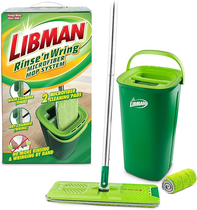 Libman Rinse 'n Wring Mop and Bucket System Microfiber Dry Wet Mop for Floor Cleaning Hardwood Laminate Tile Cleaner Dual Chamber Bucket Design 2 Total Refill Replacement Head Pads