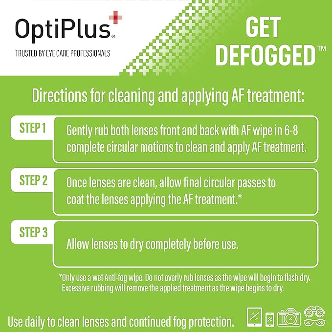 OptiPlus Anti Fog Lens Wipes l Pre-Moistened l Cleaning Wipes for Glasses Laptops Screens Smart Phones Optical Lens Goggles and Watch Screen l Quick-Dry &amp Scratch-Free l Two Pack of 100 Pack