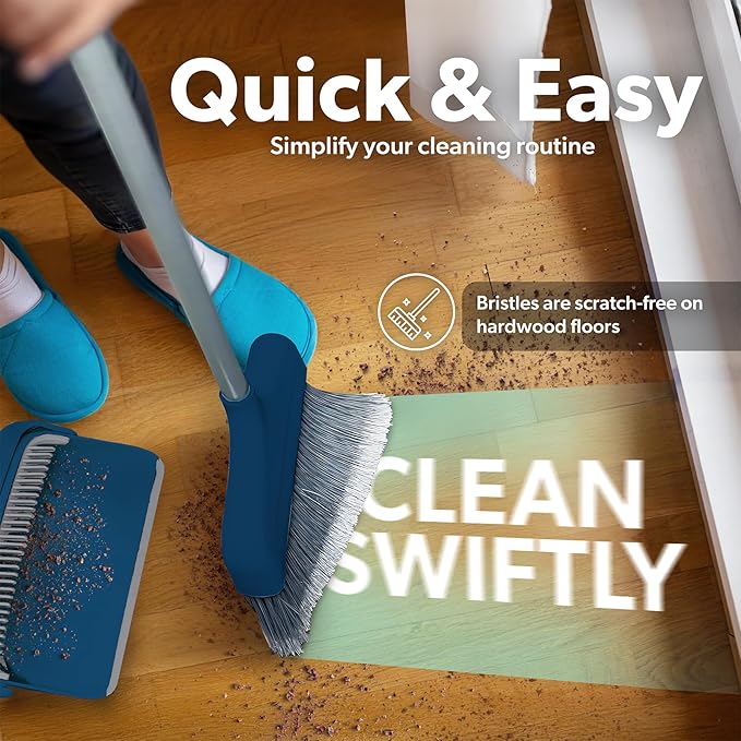 BLACK+DECKER Butler Broom &amp Dustpan Set - Stand-Up Design - Lightweight Space-Saving Combo for Kitchen Living Room Bathroom Lobby Floors - Home Cleaning Essential Ocean Blue