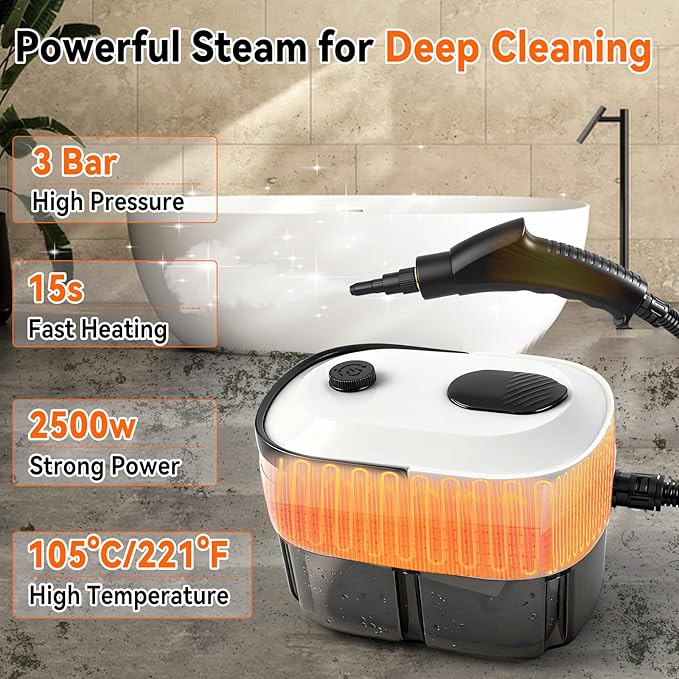 Handheld Steam Cleaner 2500W High Pressure Steam Cleaner Fast Heat-Up 3 Steam Levels 1400ml Large Capacity for Home Car Grease Grout Tile