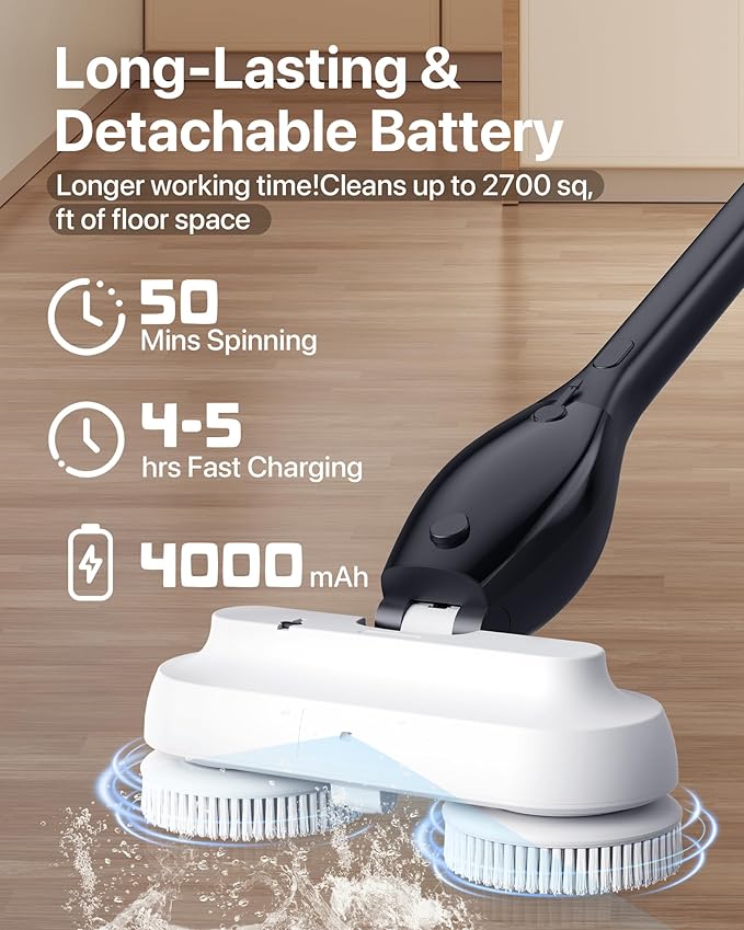 Electric Spin ScrubberCordless Electric Mop For Floor CleaningWith Water Sprayer And Large 800ml TankAdjustable Extension Handle With 4000mAh BatterySpin Mop For Hardwood FloorsPet Cleaning