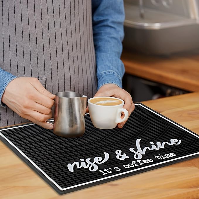 New Mungo Coffee Bar Mat – “Rise &amp Shine It’s Coffee Time” – Spill-Proof PVC Coffee Station Mat Non-Slip Countertop Protector 18x12