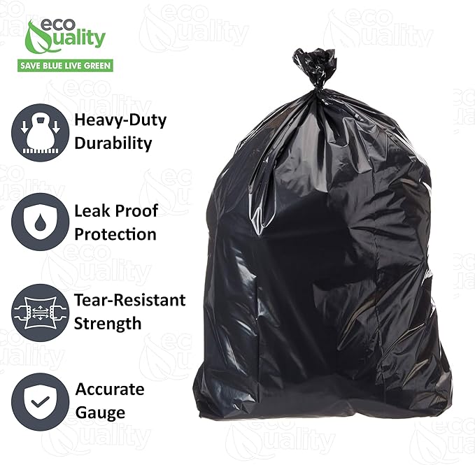 Strong Trash Bags Wastebasket Receptacle Can Liner Large 40-45 Gallon by EcoQuality 100 Count Thickness 40x38 Black For Kitchen Household Industrial Multi Purpose Office Backyard