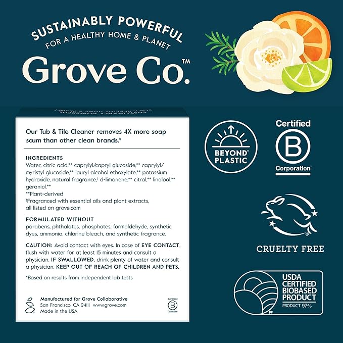 Grove Co. Tub and Tile Cleaner Refill Concentrate (2 x 1 Fl Oz) + 1 x Reusable Glass Spray Bottle (16 Oz) Plant-Based Cleaning Supplies Bundle No Plastic Waste Lemon &amp Eucalyptus Scent