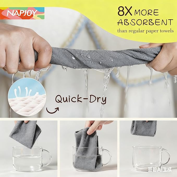Napjoy Microfiber Cleaning Cloth Roll 75PK Easy Tear Away Reusable Paper Towels 12 x 12 Lint-Free and Scratch-Free with Patented Fiber Technology Microfiber Towel Roll Grey