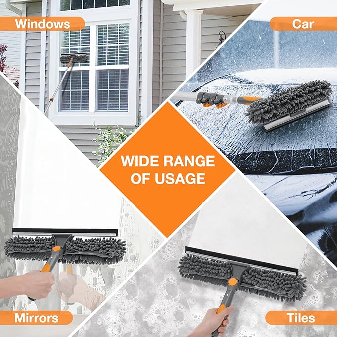 12Ft Window Squeegee with Extension Poles 2-in-1 Window Cleaning Kit with Telescopic Pole Extra-Large 14 Window Squeegee Window Cleaner Tool with Adjustable Head for High Window Glass RV