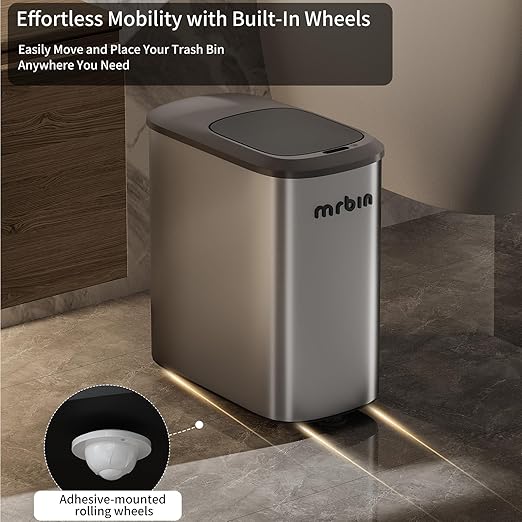 MRBIN Stainless Steel Motion Sensor Bathroom Trash Can 10L / 2.6gal Slim Smart Toilet Waste Basket with Lid Automatic Touchless Kitchen Bucket for Narrow Restroom Vanity Rv Eclipse Grey