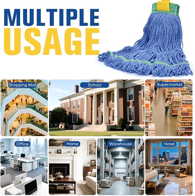 Matthew Cleaning Commercial Mop Head Replacement 5 Inch Wide Headband Looped End Cotton Blend String Wet Mops for Floor Cleaning 18 oz Medium 6-Pack Blue