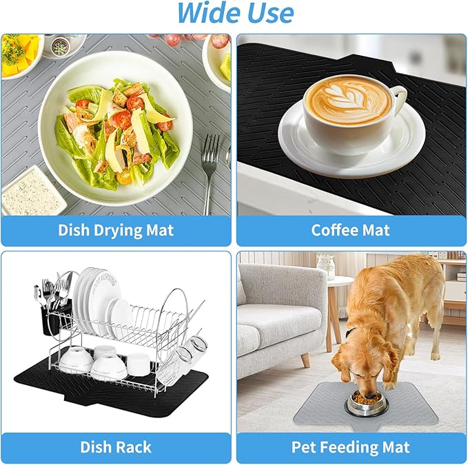 Silicone Dish Drying Mat with Built-in Drain Lip Dish Drying Mats for Kitchen Counter Hygienic Ultra Absorbent Dish Drying Pad Sturdy Compact Easy to Clean Tray Prevents Water Build Up (Black)
