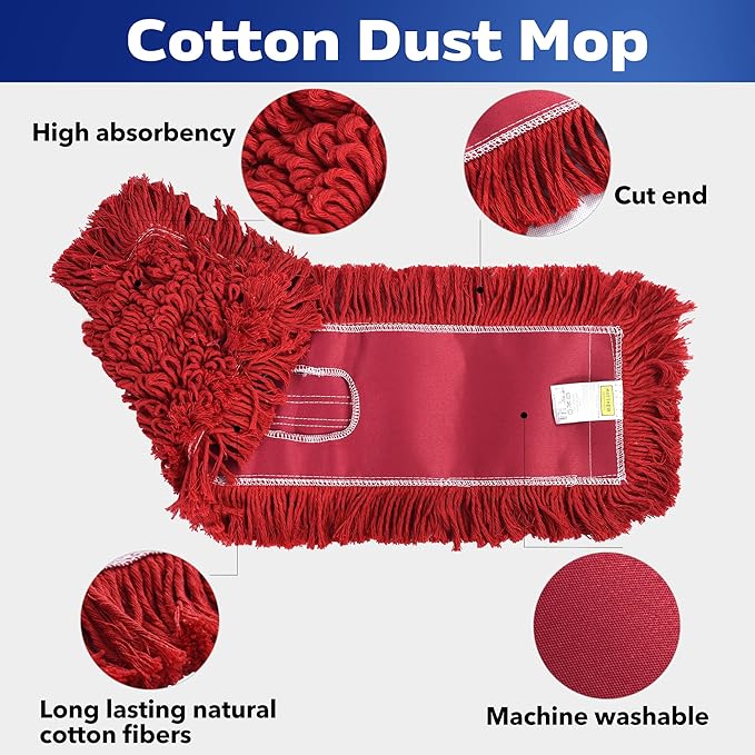 Matthew Cleaning 24'' Industrial Strength Cotton Dust Mop Refill Washable Replacement Heads for Residential &amp Commercial Use Fit Standard Dust Mop Frames HardwoodConcrete Floors Red 3 Pack