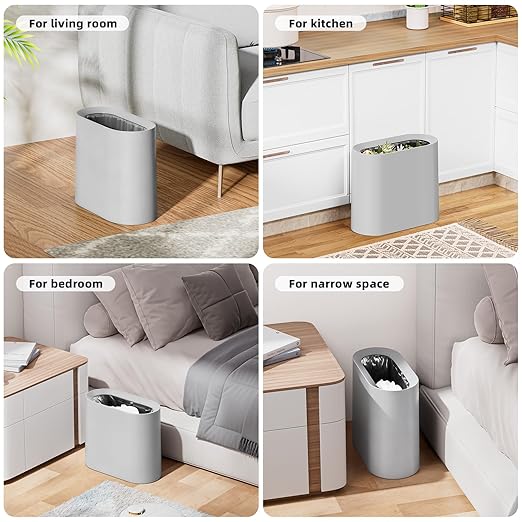 SUBEKYU 2.3 Gal Trash Can for BathroomSmall Office Garbage Can for KitchenSlim Rectangular Waste BinPlasticGrey