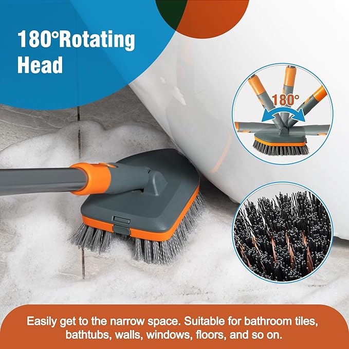 Floor Scrub Brush Tile Tub Scrubber Brush with 4 Different Cleaning Heads Shower Brush with 56” Extendable Long Handle Scrubbers for Cleaning Kitchen Bathroom Tub Tile Wall