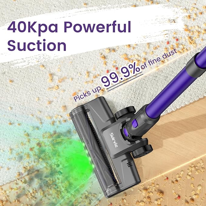 Cordless Vacuum Cleaner 40KPA/35Mins Green LED Light Lightweight Stick Vacuum Self-Standing Vacuum Cleaners for Home Handheld Vacuum for Pet Hair Carpet and Hard Floors U8