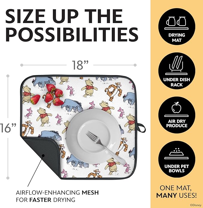 Disney Dish Drying Mats for Kitchen Counter (2 Pack) – 16 x 18 Absorbent Kitchen Drying Mats for Dishes – Mickey &amp Minnie Winnie the Pooh &amp Stitch Dish Mats