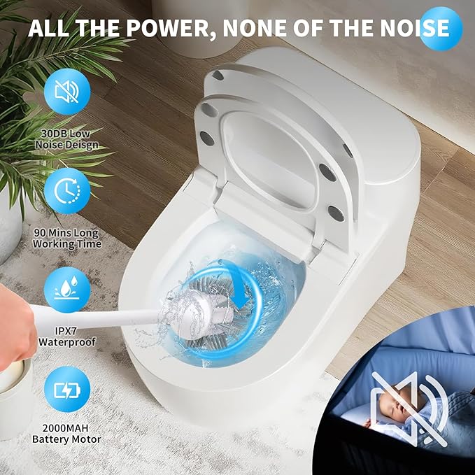 Electric Toilet Brush with Holder Ultra Quiet &amp Powerful Scrubbing IPX7 Waterproof Self-Cleaning Brush for Toilet/Bathtub/Grout Cordless Spin Scrubber with 320RPM Turbo Power - White