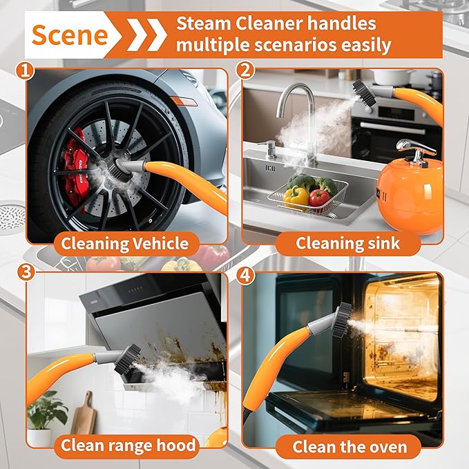 2000W Handheld Steam Cleaner 248°F High Temperature Multipurpose Steam Cleaners with 1500ml Tank 6 Adjustable Gear for Home Kitchen Grease Car Cleaning Orange