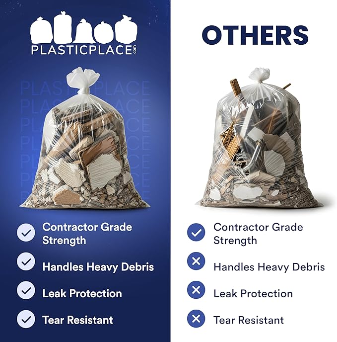 Plasticplace 42 Gallon Contractor Trash Bags │ 4.0 Mil │Clear Heavy Duty Garbage Bags │ 33 x 48 (50 Case)