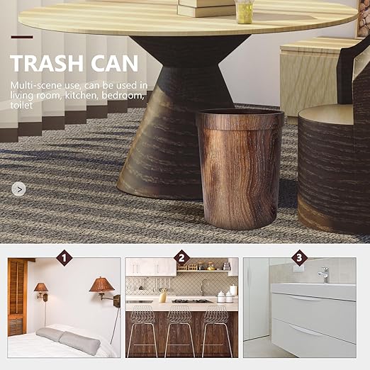 BESPORTBLE Vintage Wood Grain Trash Can Wastebasket 10L Plastic Garbage Can Container with 1 Roll Trash Bags for Bedroom Kitchen Living Room Home Use