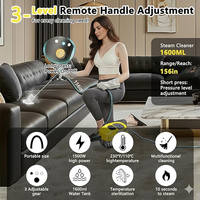 2026 New 3 Level Adjustable Pressurized Handheld Steam Cleaner for Home 10s Heat-Up Handheld Steamer for Cleaning 1.6 Qt Tank Portable Steam Cleaner Handheld for CarGroutTileCouchFloor