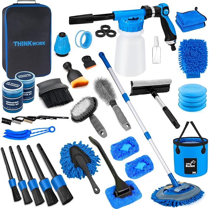 THINKWORK Car Wash Kit Car Detailing Kit with Foam Gun Car Wash Brush Mop and Large Folding Bucket Suitable for Car Cleaning Blue Car Wash Set Gift for Men and Women