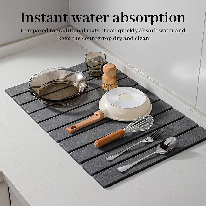 Large Stone Drying Mat for Kitchen Counter 24''L x 16''W Diatomaceous Earth Collapsible Dish Drying Mat Quick Drying Mat Glasses and Flatware Matches Any Countertop (Dark Gray 24'' x 16'')