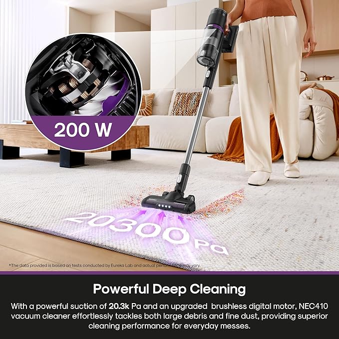 EurekaCordless Vacuum - 50 Min Runtime for Large Homes 5.5 lbs Lightweight Ideal for Pet Hair &amp Allergies on Hardwood &amp Carpet ReactiClean 410