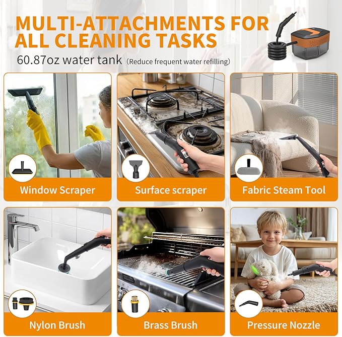 Steam Cleaner3-Level Adjustable Handle60.87oz Tank 15s Heat-Up2500w Portable Steamer for CleaningHandheld Steam Cleaner for Home for DirtGreaseBed BugsGroutTileFloorCar