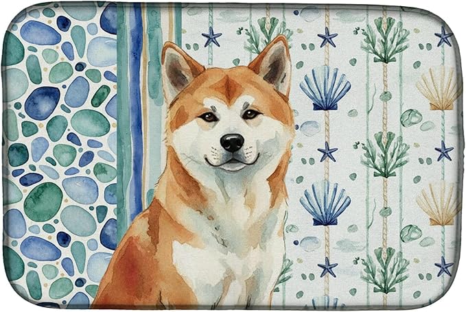 Caroline's Treasures Red Akita Coastal Sea Glass Dish Drying Mat Absorbent Dish Drying Mat Pad for Kitchen Counter Dish Drainer Mat for Countertop 14 x 21 Multicolor