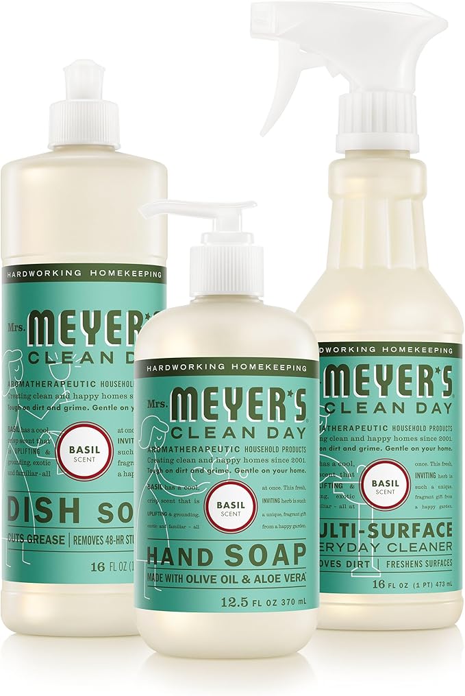 MRS. MEYER'S CLEAN DAY Kitchen Basics Set Basil Scent Cleaning Supplies includes Hand Soap (12.5 Fl Oz) Dish Soap (16 Fl Oz) and Multi-Surface Cleaner (16 Fl Oz)