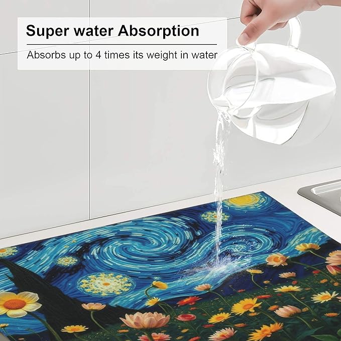 Starry Night Flowers Dish Drying Mat for Kitchen Counter 16x18 Microfiber Absorbent Fast Dry Mat 2Pcs Dish Mat Faucet Mats Sets Large Drying Kitchen Mat Kitchen Drying Pad