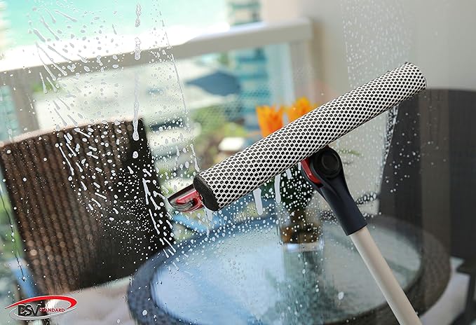DSV Standard Professional Window Squeegee | 2-in-1 Window Cleaner Sponge and 10 Soft Rubber Strip with Extension Pole 34 INCH &amp 86.5 cm | Adjustable to Clean from Multiple Angles
