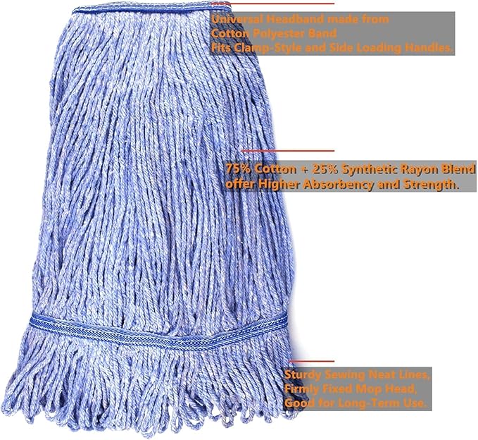 String Mop Heads Replacement Heavy Duty Commercial Grade Blue Cotton Looped End Wet Industrial Cleaning Mop Head Refills (2 Large)