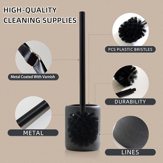 Toilet Brush and Holder Set 2 PCS Decorative Toilet Bowl Brush and Holder Set Bathroom Aceessories Toilet Scrubber Brush Set with Heavy-Weight Resin Base with Long Handle (Black)