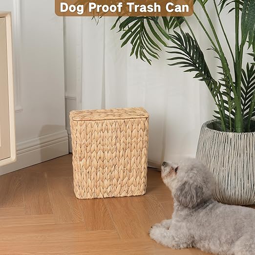 Wicker Trash Can Bathroom Trash Can with Lid 3 Gallon Natural Water Hyacinth Waste Basket with Removable Liner for Bedroom Living Room Toilet Under Sink