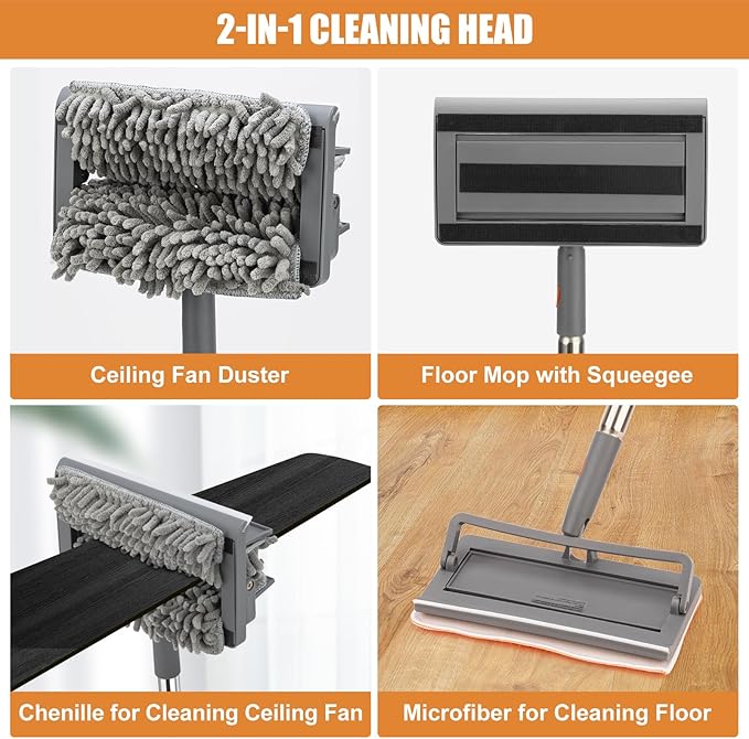 Ceiling Fan Cleaner Duster with 84'' Extension Pole Baseboard Cleaner Tool with Handle Reusable Chenille &amp Microfiber Pads for Dusting Ceiling Fan Baseboard Wall Window Floor