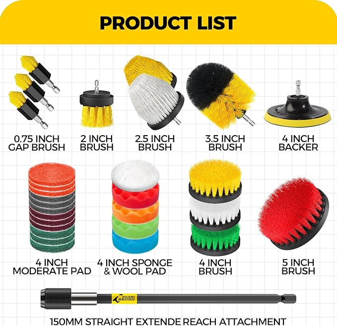 Holikme 30Pack Drill Brush Attachments SetScrub Pads &amp Sponge Power Scrubber Brush with Extend Long Attachment All Purpose Clean for Grout Tiles Sinks Car Polishing Pads