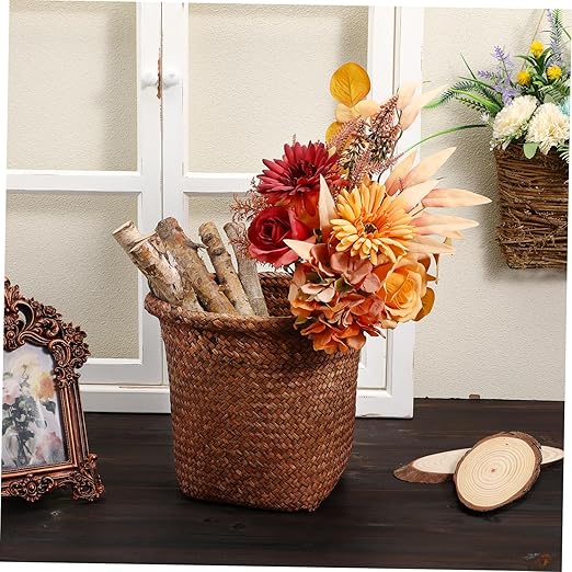 Healifty Natural Straw Woven Wastebasket Small Office Trash Container Open Top Practical Waste Paper Basket Storage Bin for Home and Bedroom