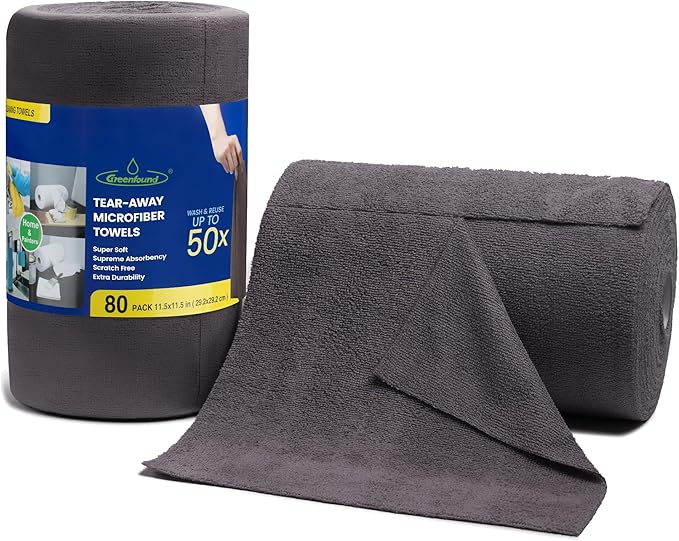 Greenfound Microfiber Cleaning Cloth Roll -80 Pack 11.5x11.5 Tear Away Towels Reusable and Washable Rags Grey