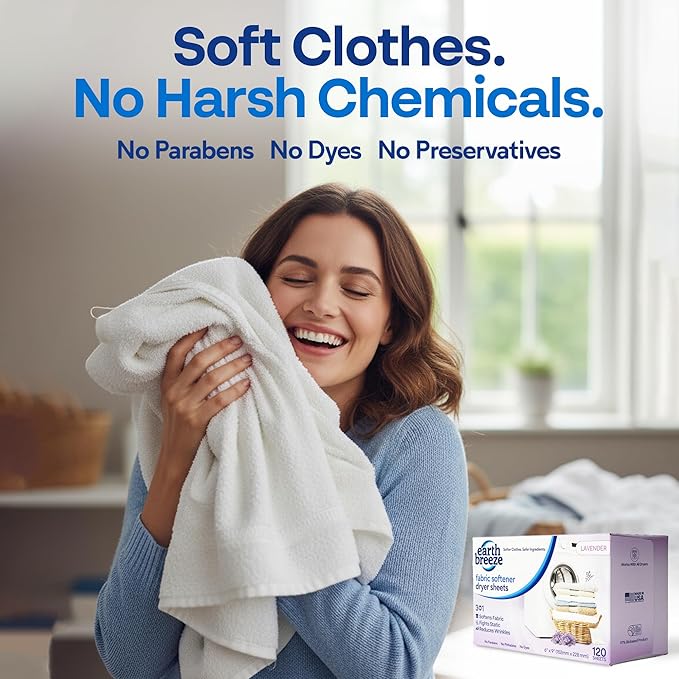 Earth Breeze Fabric Softener Dryer Sheets – Lavender Hypoallergenic No Harsh Chemicals Safe Ingredients – Soft Clothes – Static Cling &amp Wrinkle Reducer – Gentle Fabric Care – Made in USA (2 Pac