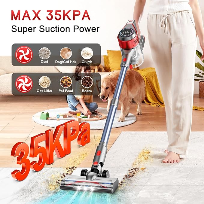 Cordless Stick Vacuum Cleaner - Rechargeable 35Kpa Powerful Vacuums with Detachable Battery LED Display 45Mins Runtime 8 in 1 Handheld Vacuum for Hardfloor &amp Carpets Pet Hair Red